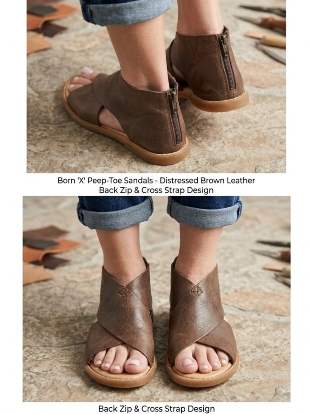 Brown Sandals Iwa Leather Crossover Shootie-Style Women's Size 8 BR0018434 CQL21